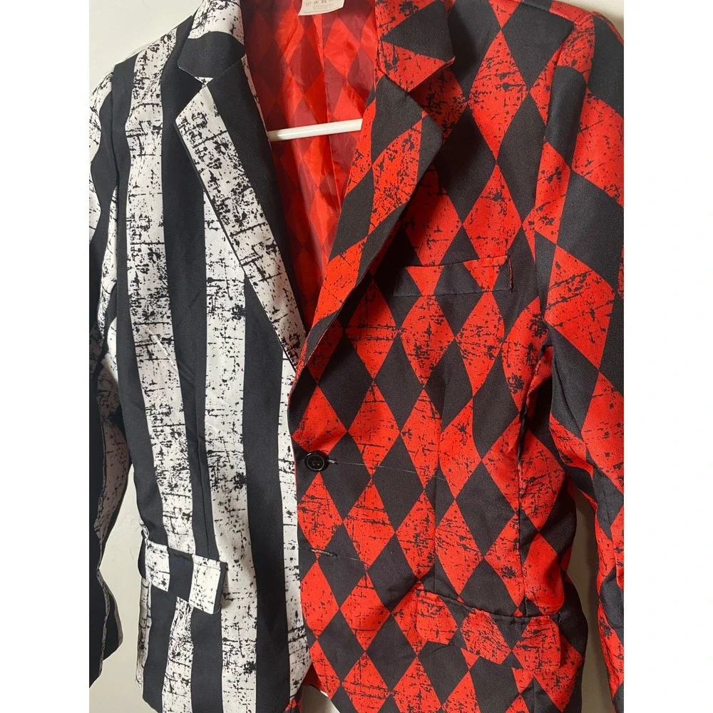 Spirit Halloween Kids Harlequin Striped Suit Set Red Black White Joker Large